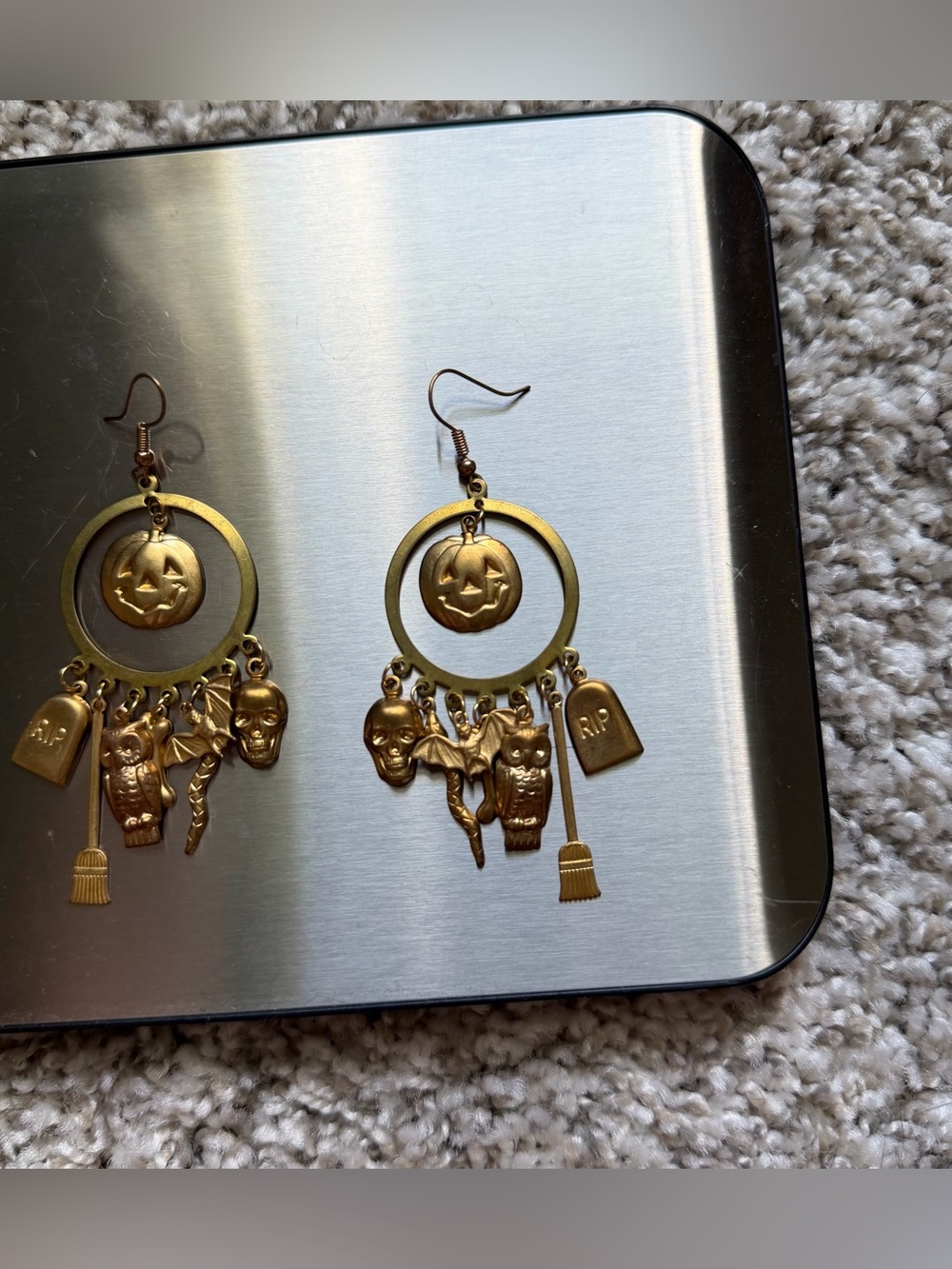 Whimsigoth Halloween Brass Dangle Charm Earrings